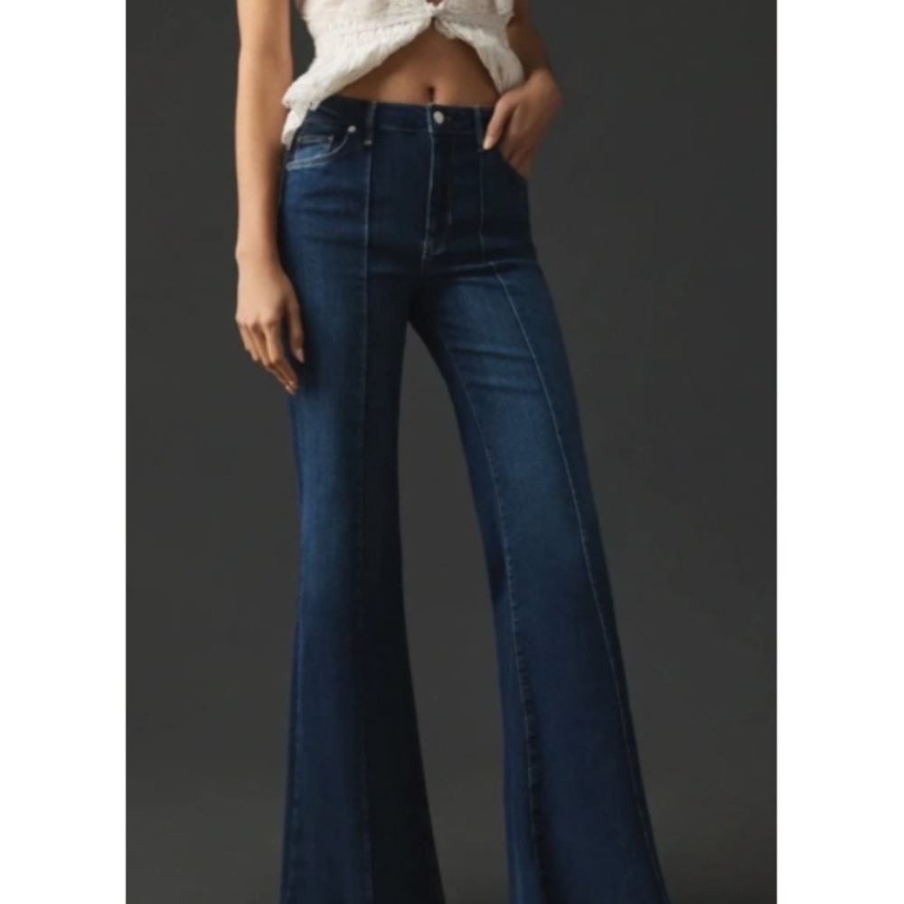 Pilcro Anthropologie Pintuck Dark Wash Flare Jeans Sz 28 Boho Nautical High-Rise